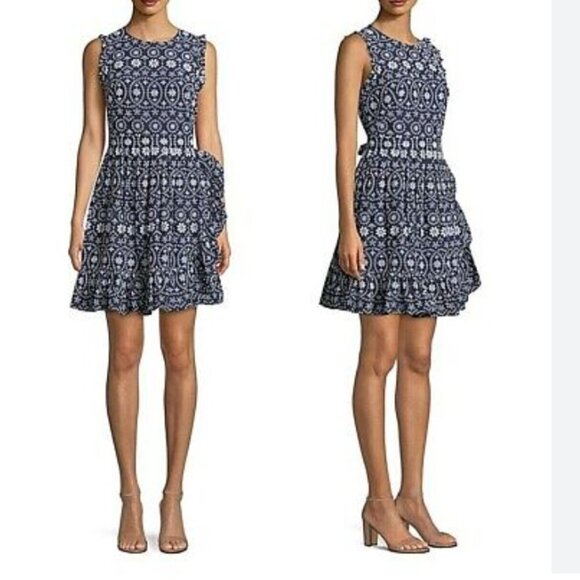 KATE SPADE SHORE NAVY WHITE EYELET A-LINE MIDI BELTED RUFFLE DRESS - 4 - Picture 1 of 11